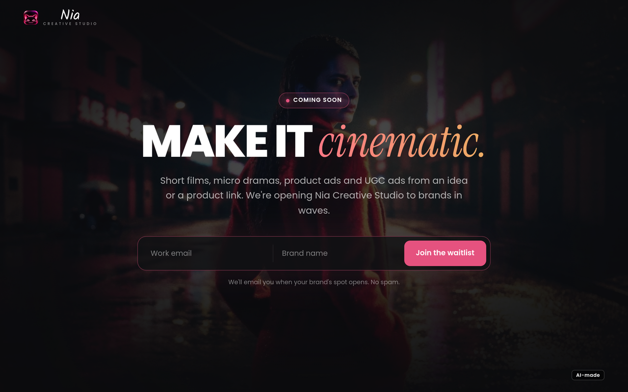 Nia by Nurdd's home page, showing the creative studio and built-in influencer marketing. Source: Nia by Nurdd.