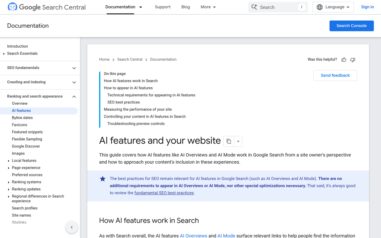 Google's documentation on AI features and your website, including the eligibility rules. Source: Google Search Central.