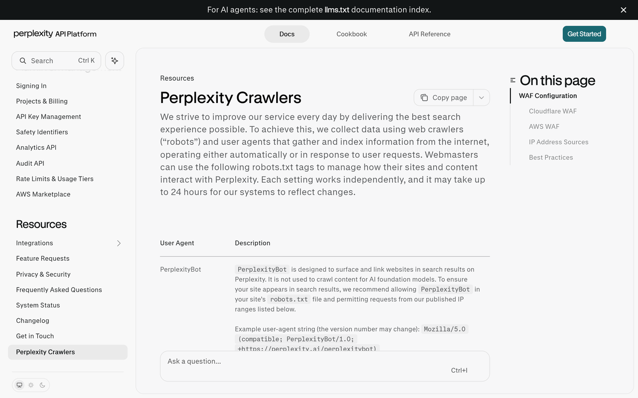 Perplexity's crawler documentation lists PerplexityBot and Perplexity-User with their published IP ranges. Source: Perplexity Docs.