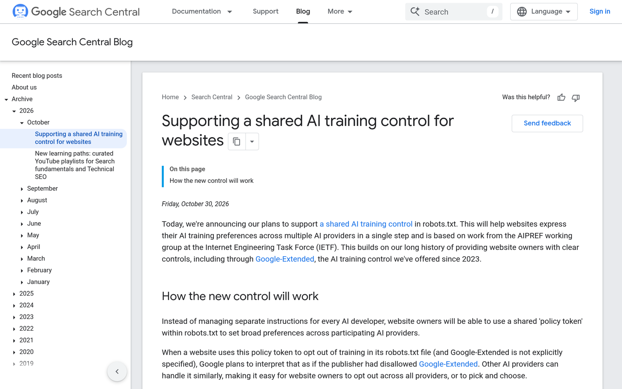 Google's announcement of the shared AI training control, dated 30 October 2026. Source: Google Search Central.